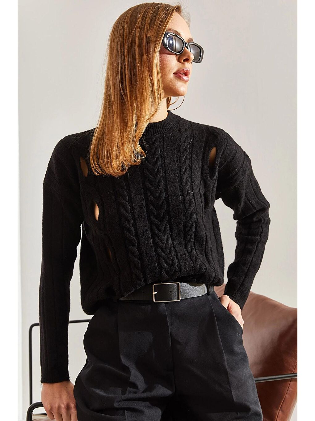 Siyah Kadın Saç Örgülü Desenli Triko Kazak-3