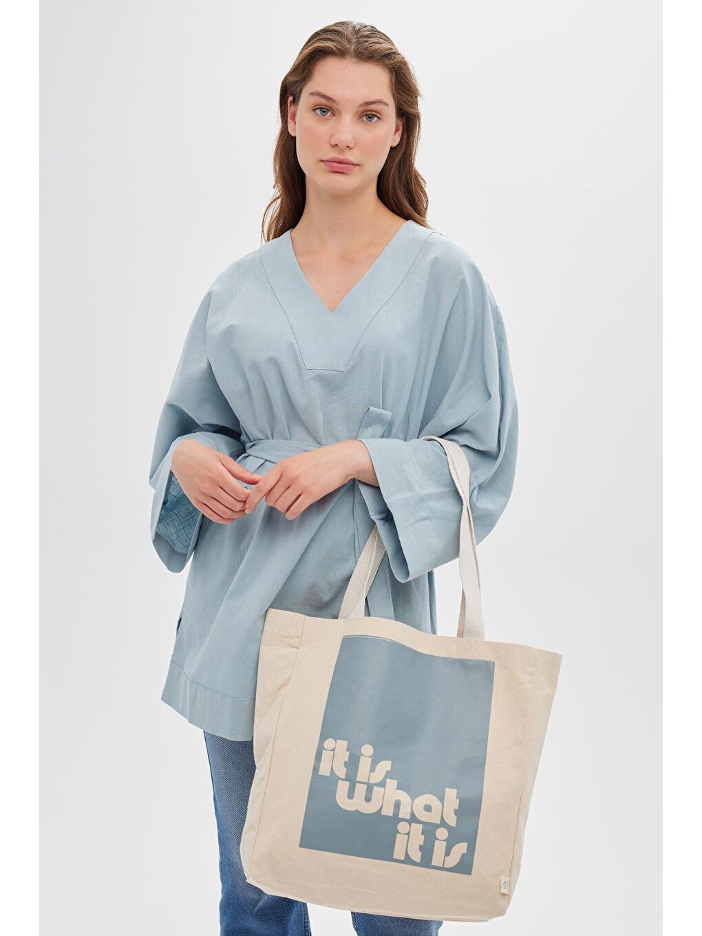 Mavi Baskılı Körüklü Bez Çanta Blue-1