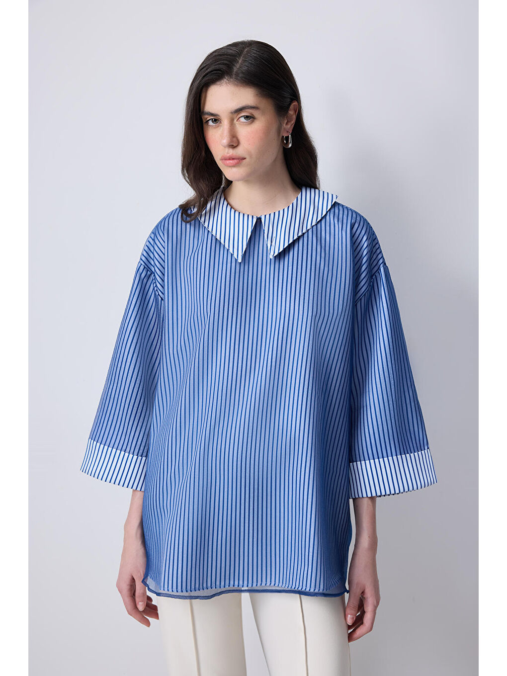 Mavi Organze Garnili Çizgili Tunik