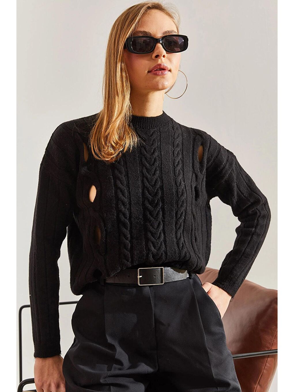 Siyah Kadın Saç Örgülü Desenli Triko Kazak-4