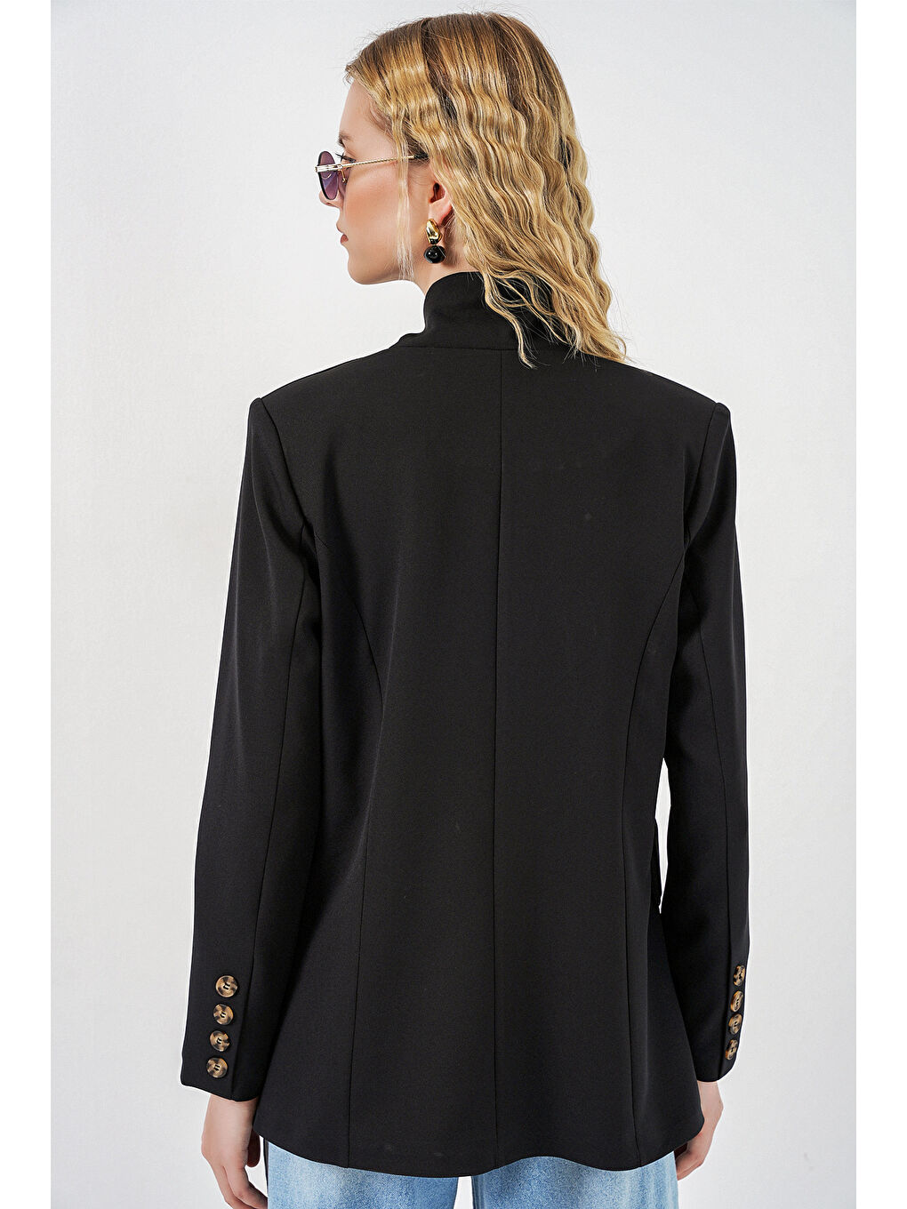 Kadın Tek Düğmeli Oversize Blazer Ceket 0749 - Siyah-5