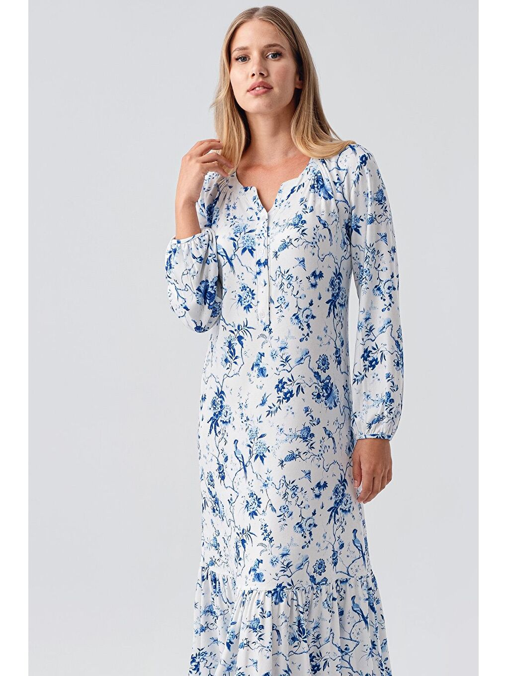 Mavi Termal Uzun Kollu Düğmeli Desenli Esnek Yumuşak Dokulu Gecelik 18110-2