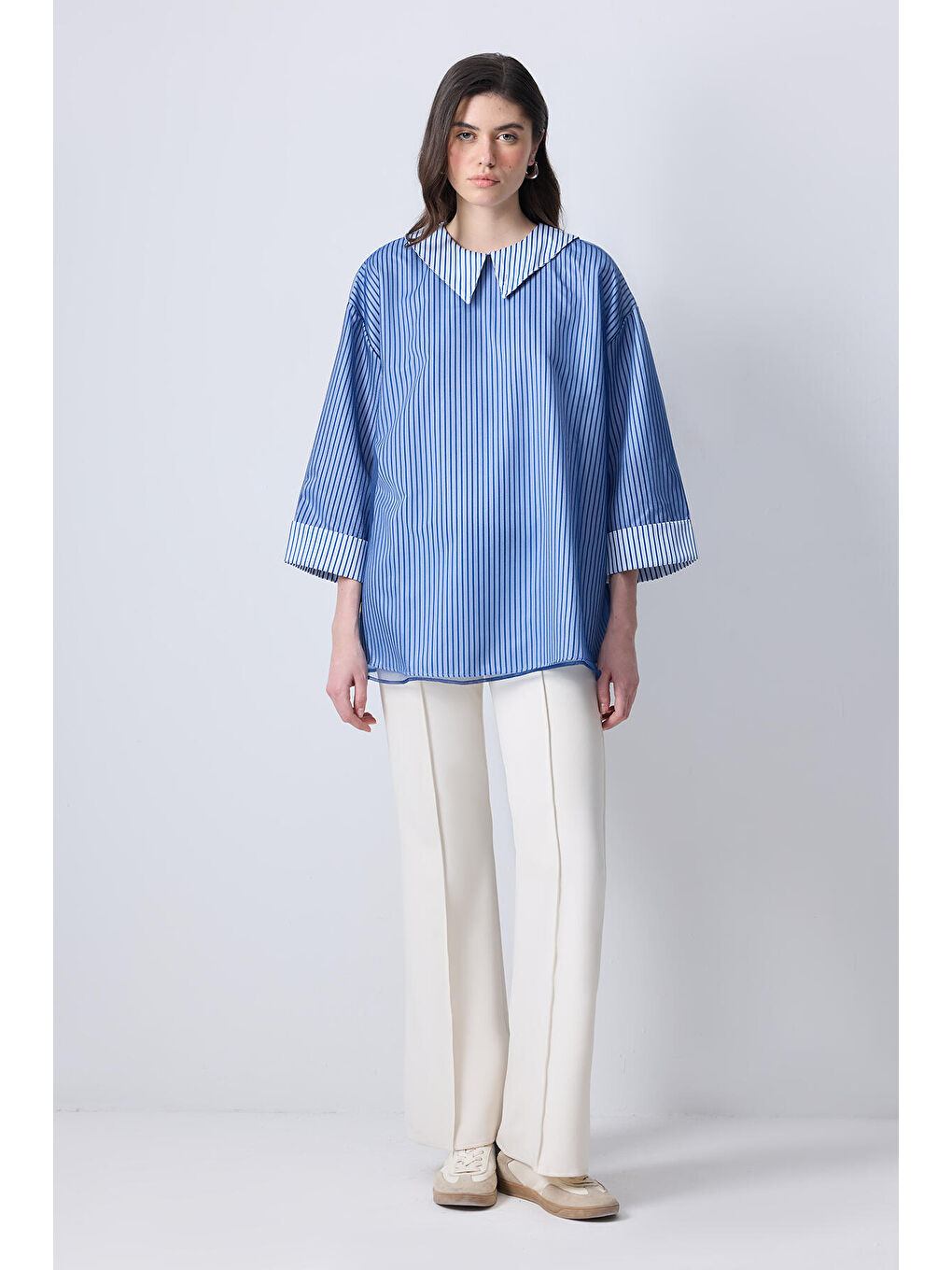 Mavi Organze Garnili Çizgili Tunik-1