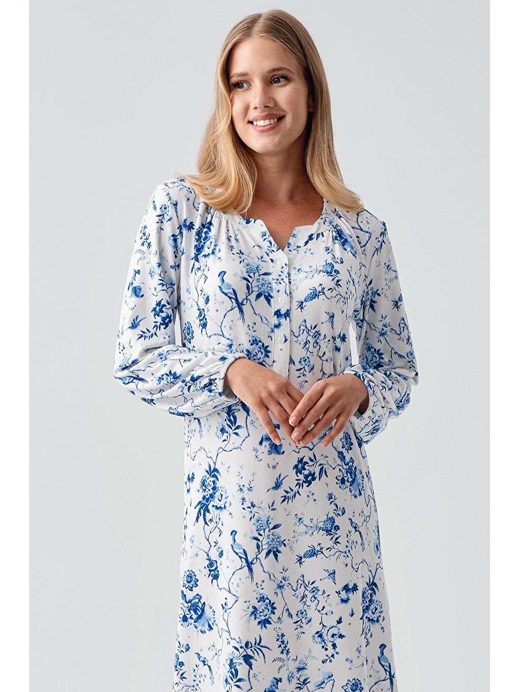 Mavi Termal Uzun Kollu Düğmeli Desenli Esnek Yumuşak Dokulu Gecelik 18110-3