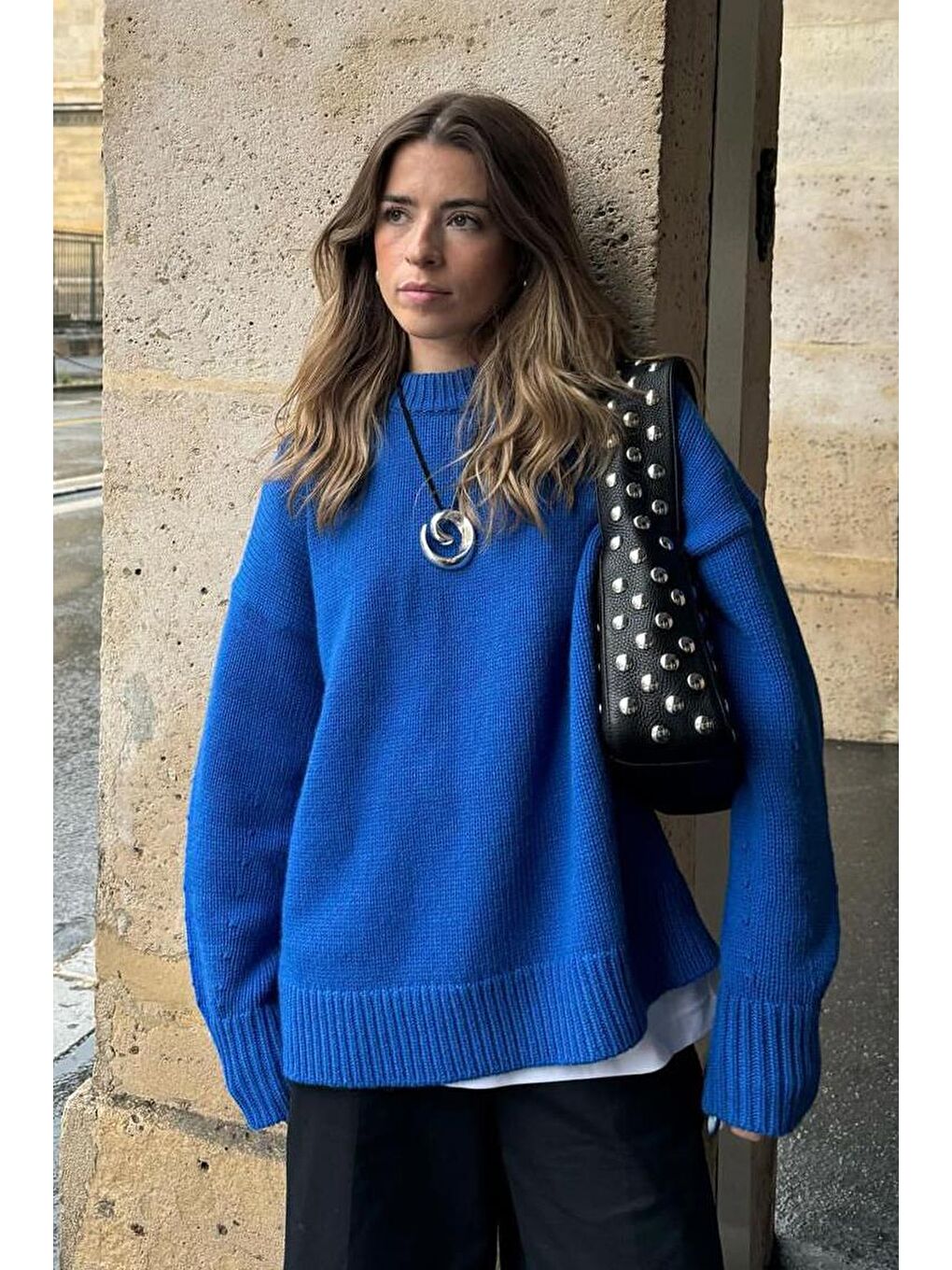 Mavi Saks Bisiklet Yaka Oversize Triko Kazak Mg1972