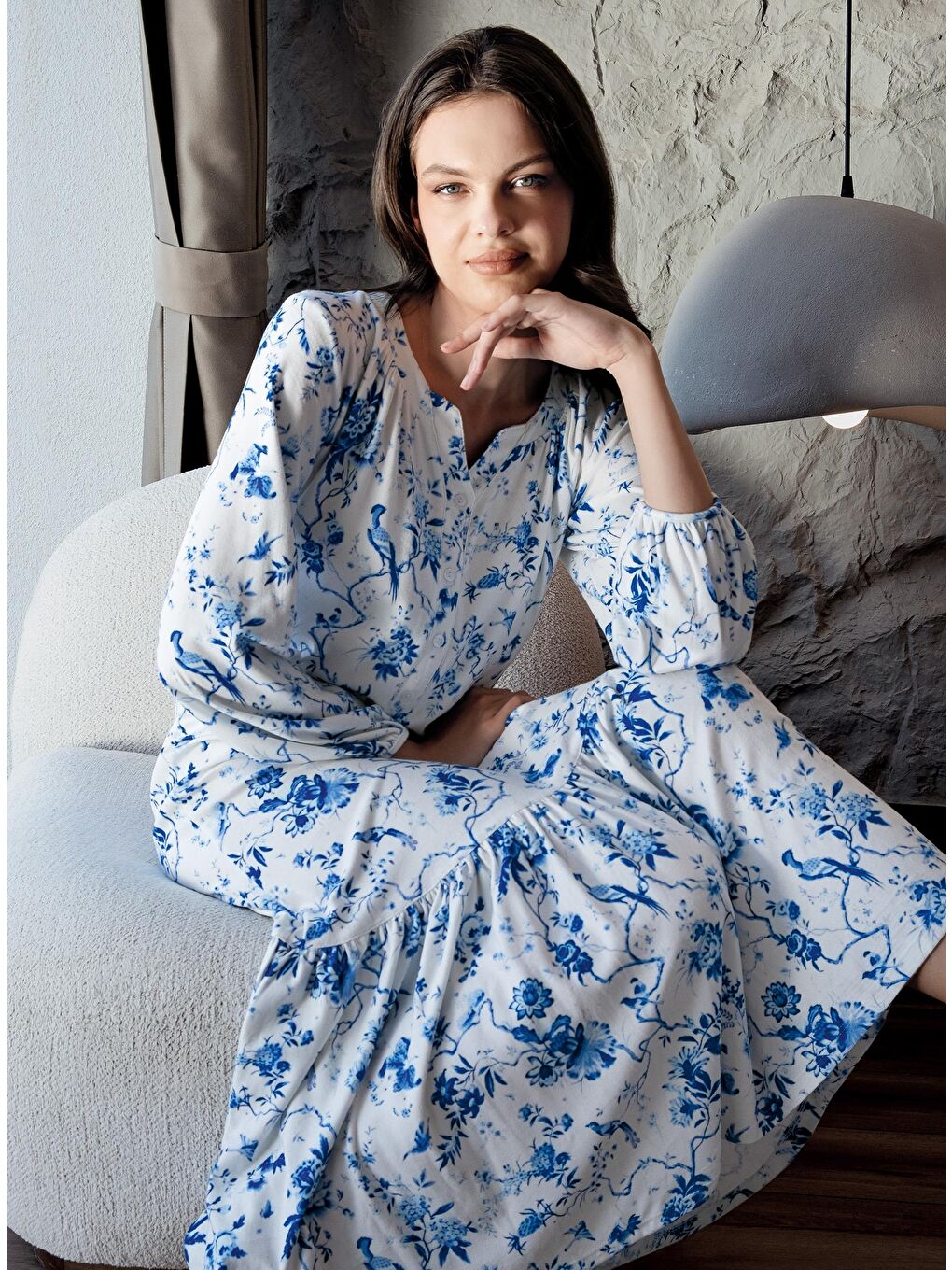 Mavi Termal Uzun Kollu Düğmeli Desenli Esnek Yumuşak Dokulu Gecelik 18110-7