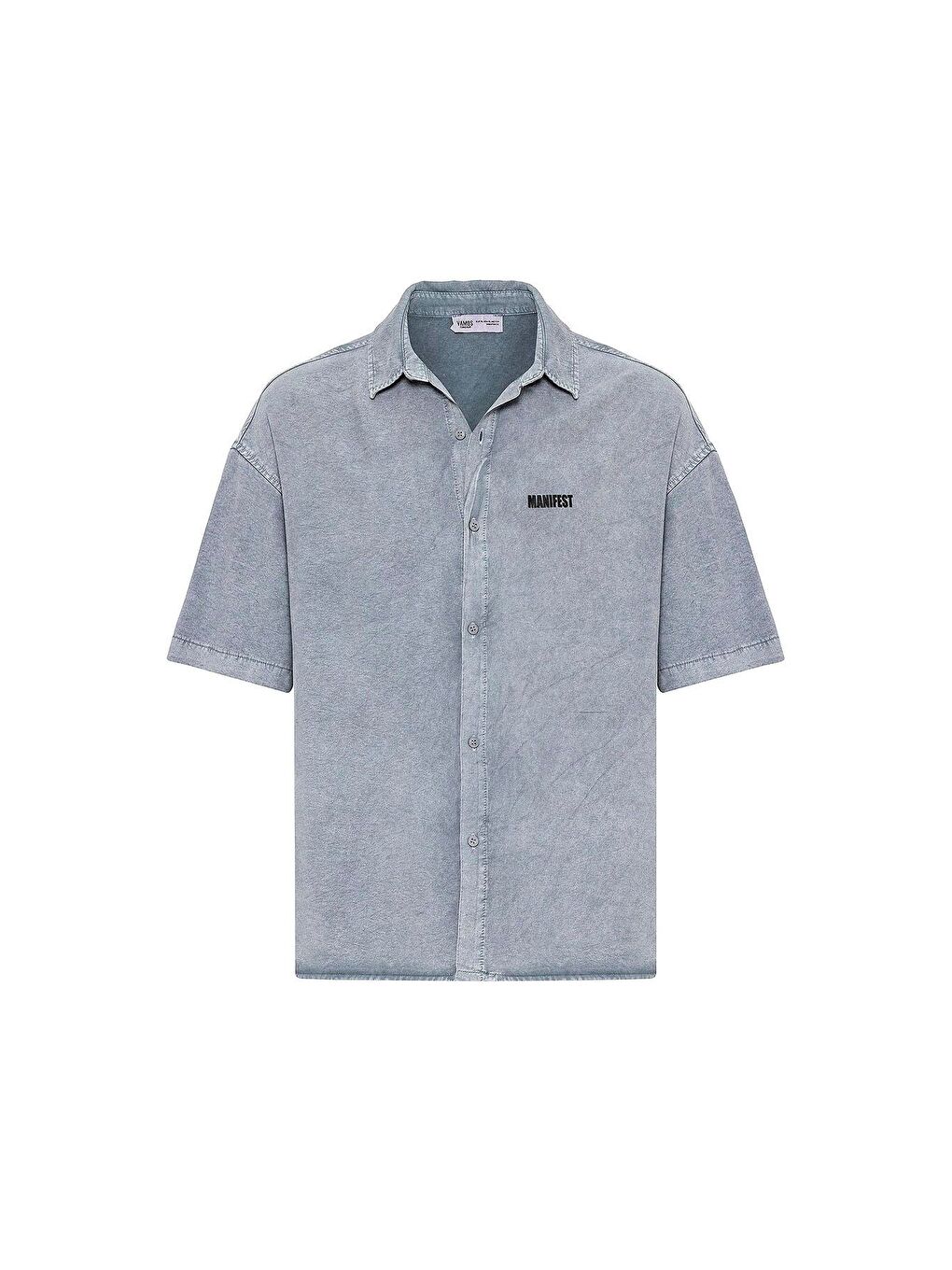 Yıkamalı Oversize Baskılı Kısa Kollu Gömlek Gri-1