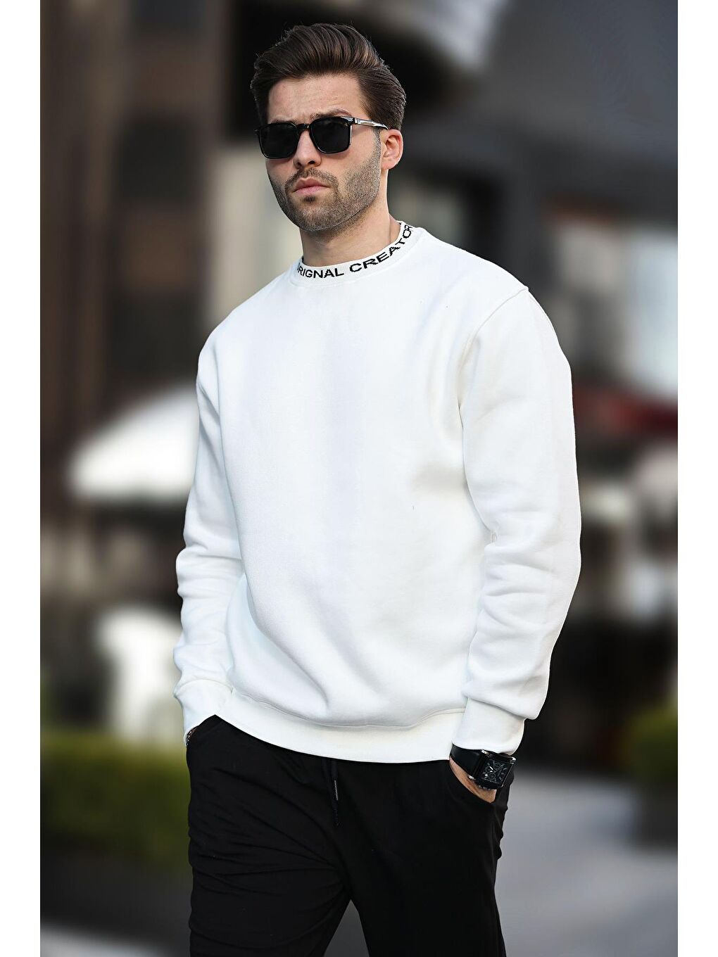 Madmext Ekru Bisiklet Yaka Şardonlu Erkek Sweatshirt 7047 - 1