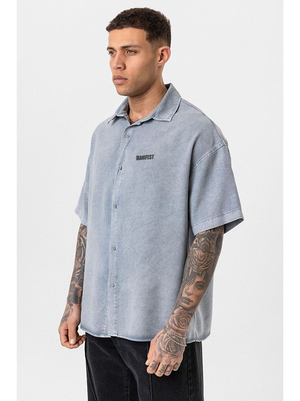 Yıkamalı Oversize Baskılı Kısa Kollu Gömlek Gri-3