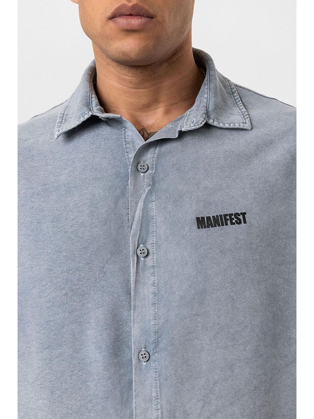 Yıkamalı Oversize Baskılı Kısa Kollu Gömlek Gri-4