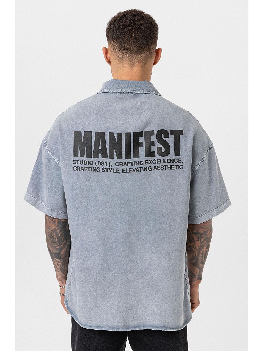 Yıkamalı Oversize Baskılı Kısa Kollu Gömlek Gri-5