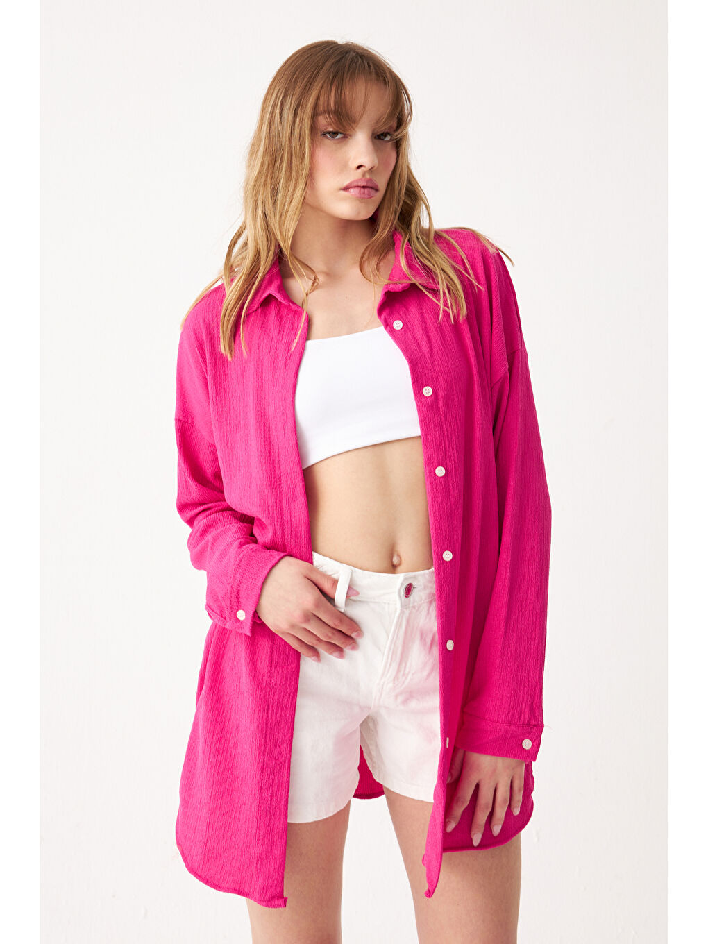 Kadın Fuşya Oversize Uzun Krinkıl Gömlek-1