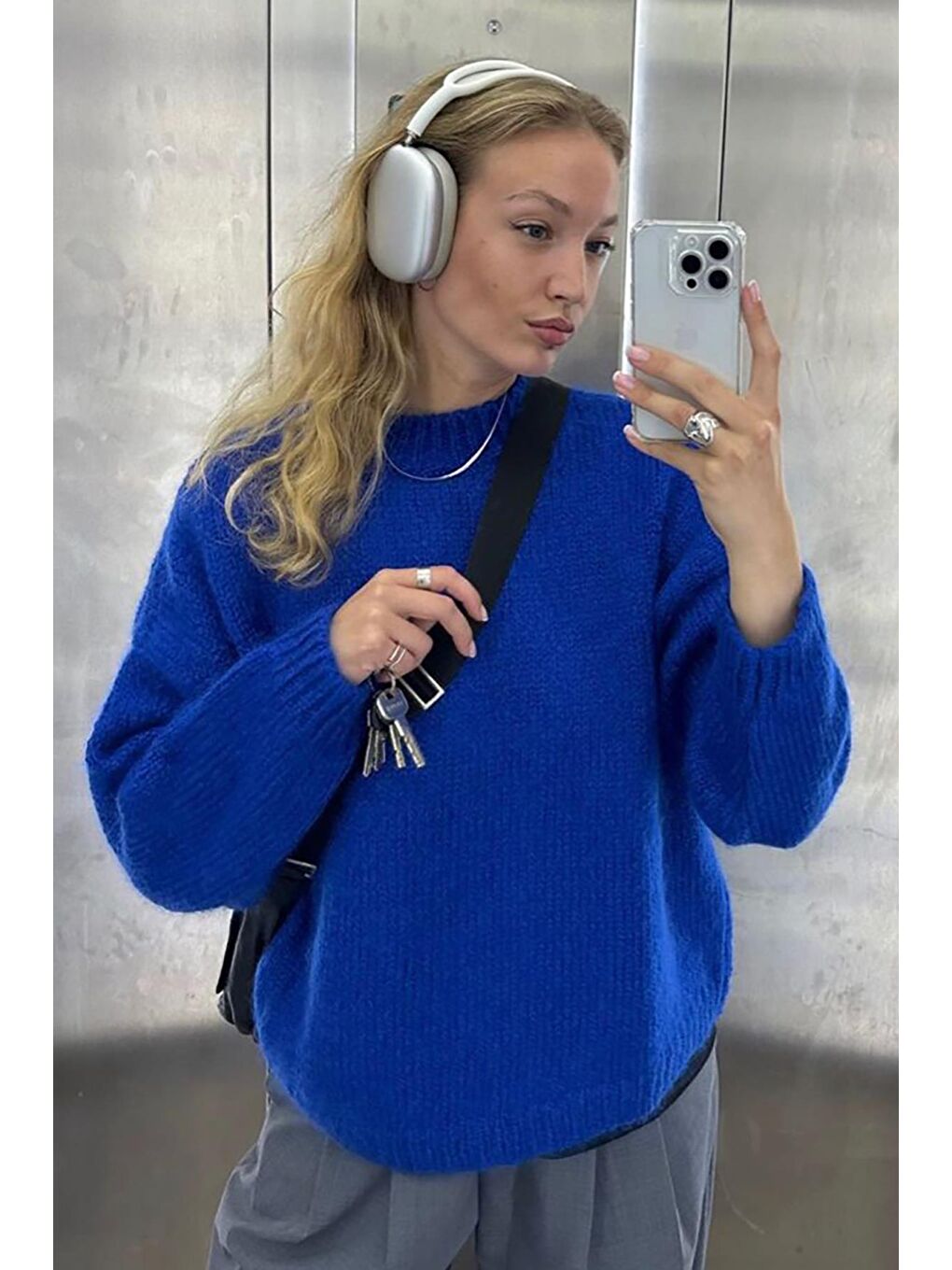 Mavi Saks Bisiklet Yaka Oversize Triko Kazak Mg1972-2