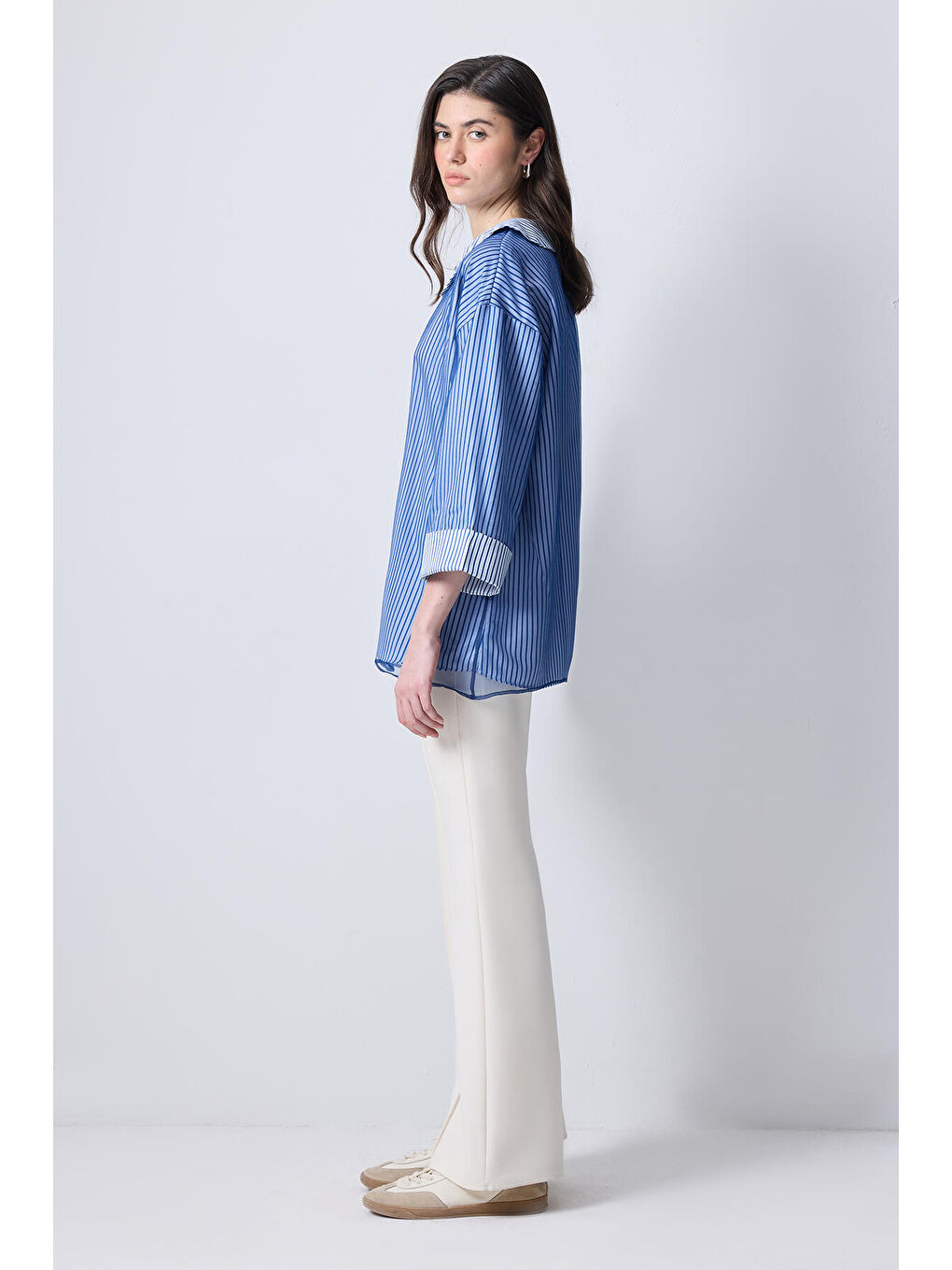 Mavi Organze Garnili Çizgili Tunik-2