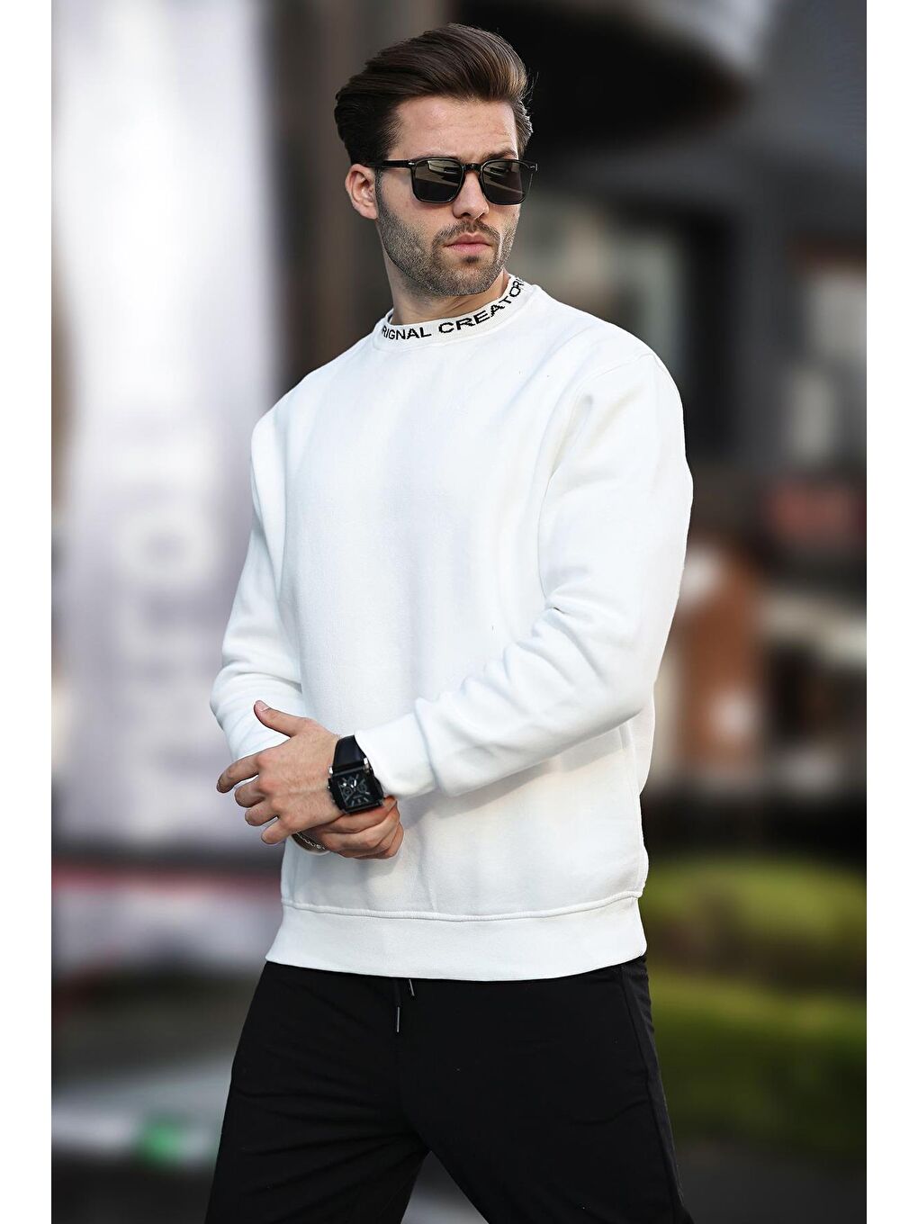 Madmext Ekru Bisiklet Yaka Şardonlu Erkek Sweatshirt 7047 - 2