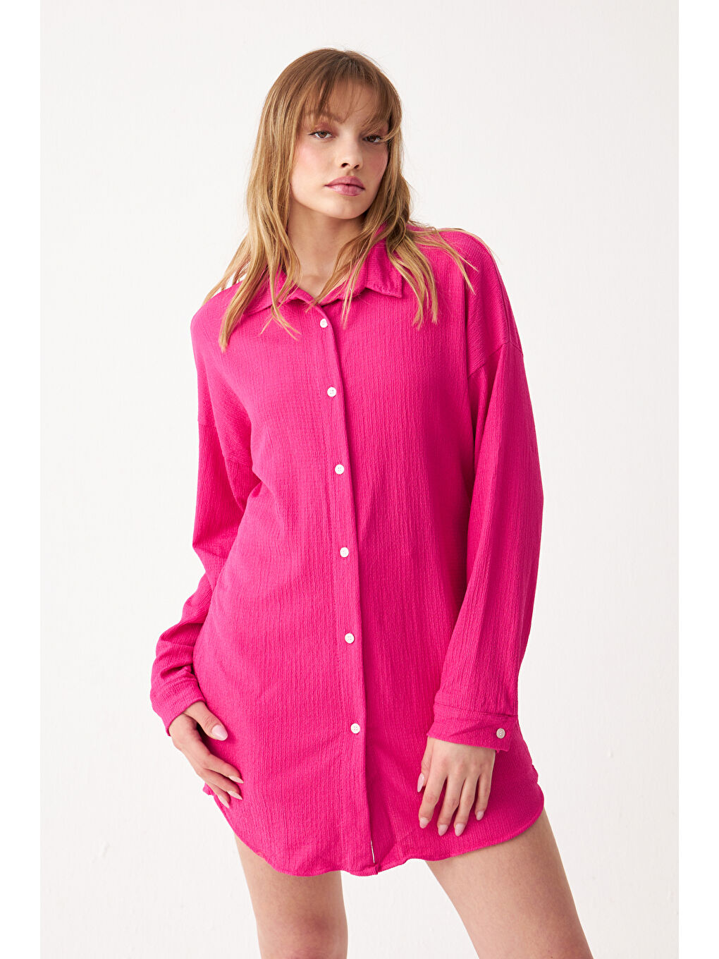 Kadın Fuşya Oversize Uzun Krinkıl Gömlek-2
