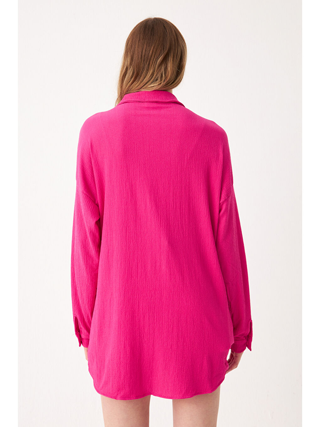 Kadın Fuşya Oversize Uzun Krinkıl Gömlek-3