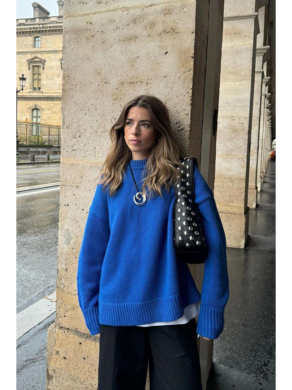 Mavi Saks Bisiklet Yaka Oversize Triko Kazak Mg1972-4