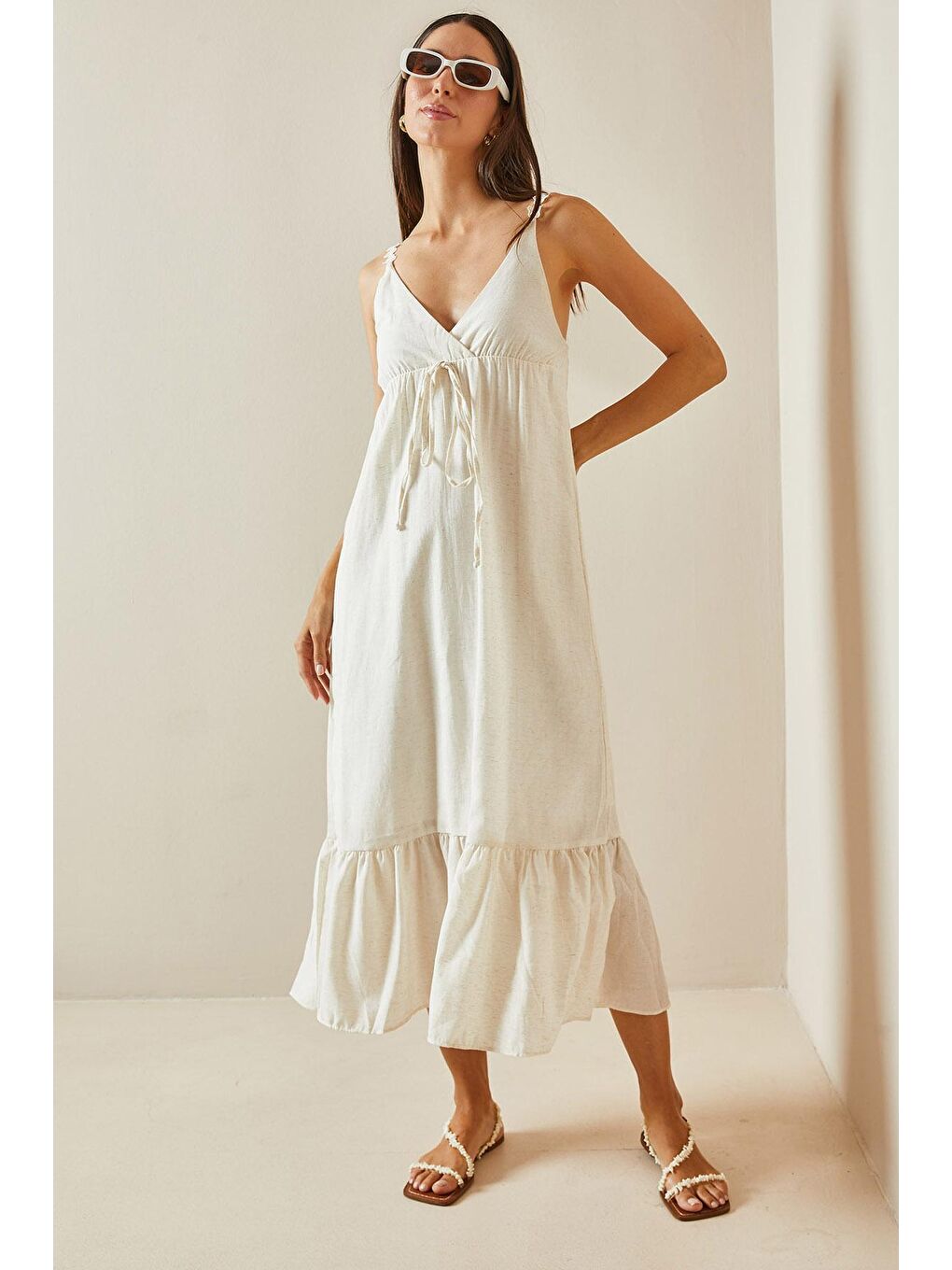 Bej Kruvaze Yaka Örgü İpli Maxi Elbise 5YXK6-48795-25