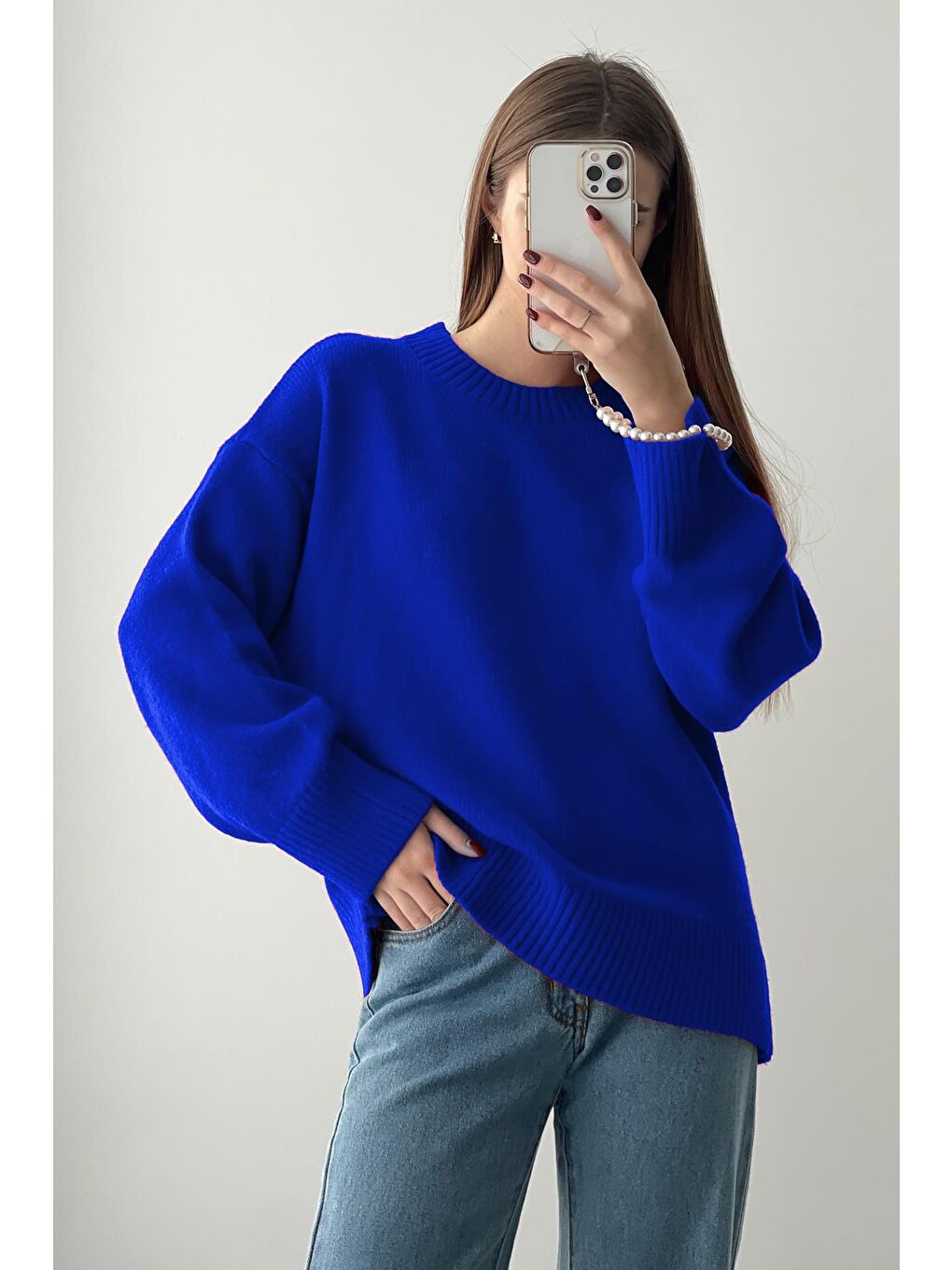 Mavi Saks Bisiklet Yaka Oversize Triko Kazak Mg1972-5