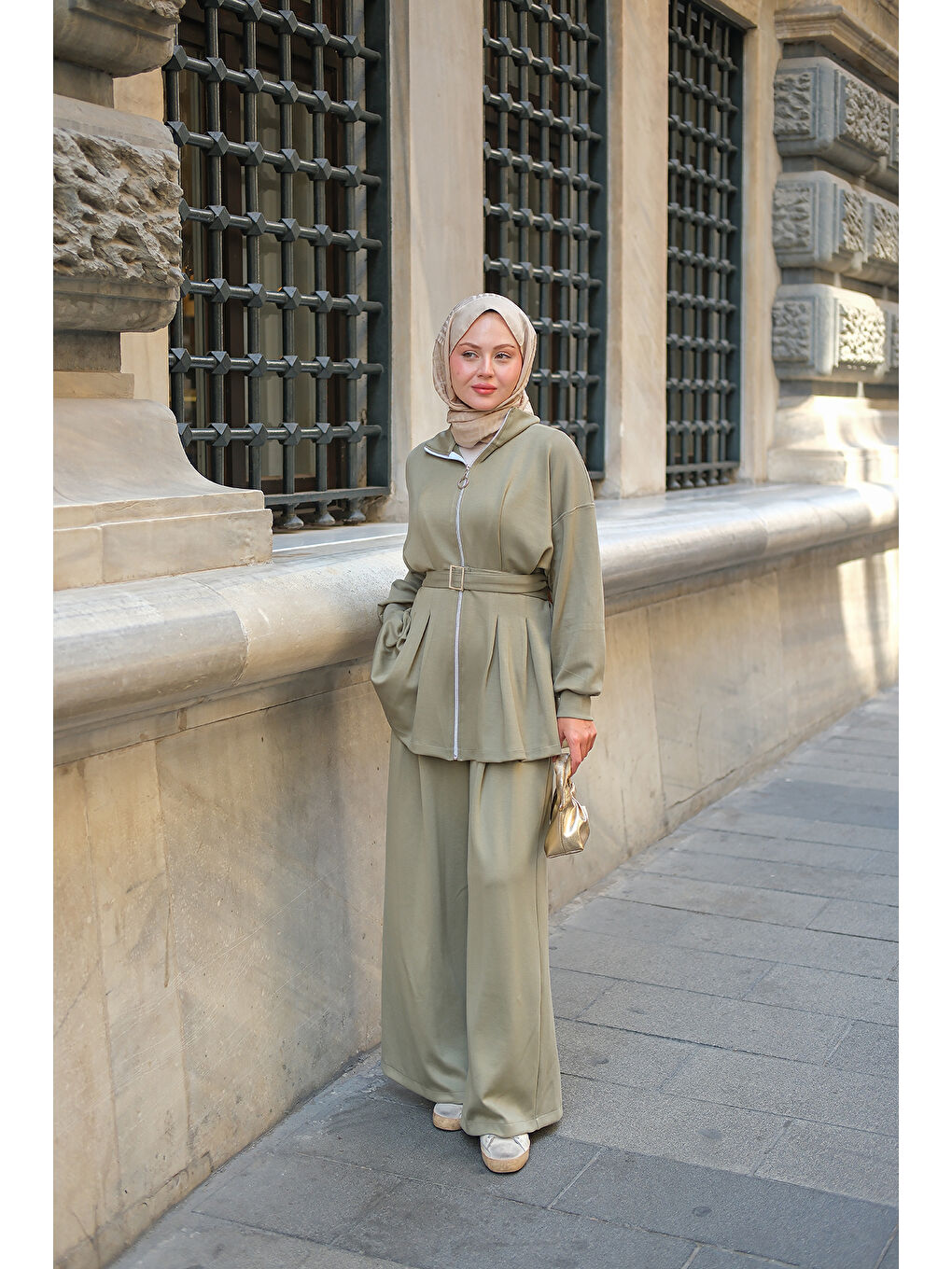 Kadın Pile Detaylı Tokalı Takım Fıstık Yeşil-2