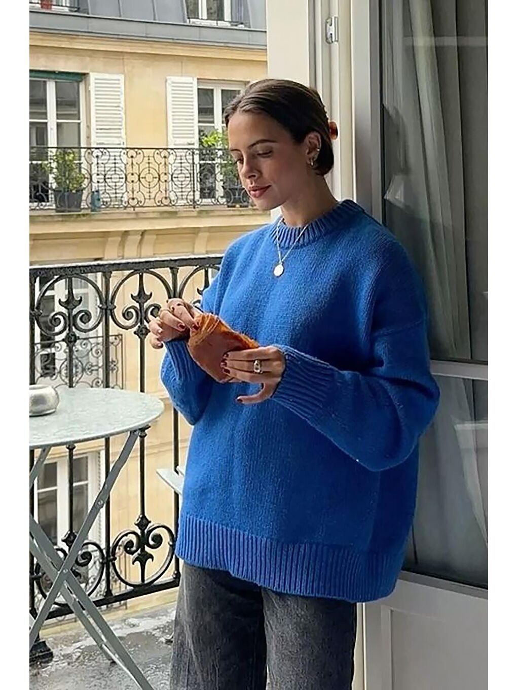 Mavi Saks Bisiklet Yaka Oversize Triko Kazak Mg1972-6