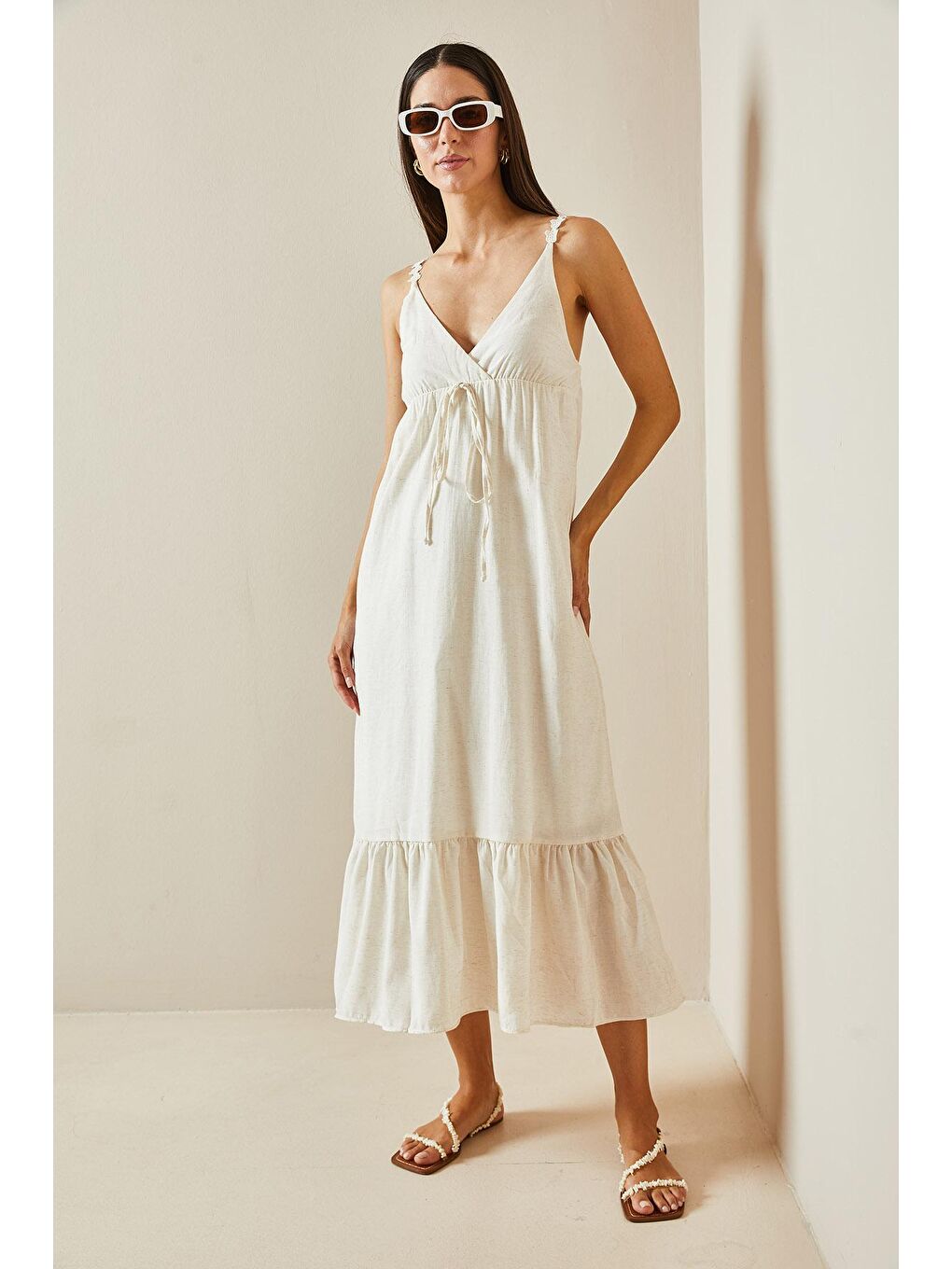 Bej Kruvaze Yaka Örgü İpli Maxi Elbise 5YXK6-48795-25-1