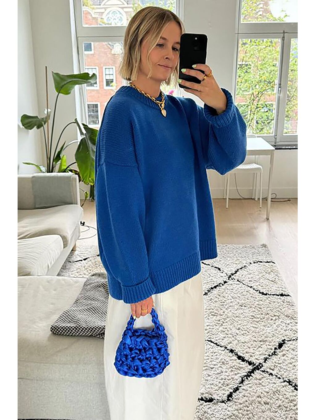 Mavi Saks Bisiklet Yaka Oversize Triko Kazak Mg1972-7