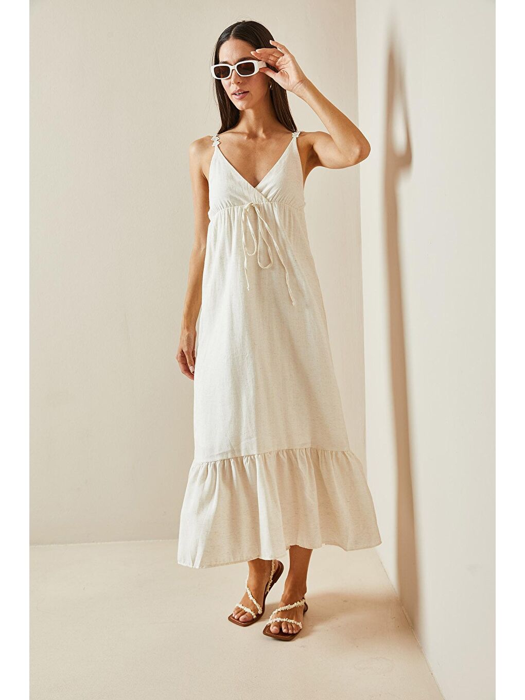 Bej Kruvaze Yaka Örgü İpli Maxi Elbise 5YXK6-48795-25-2