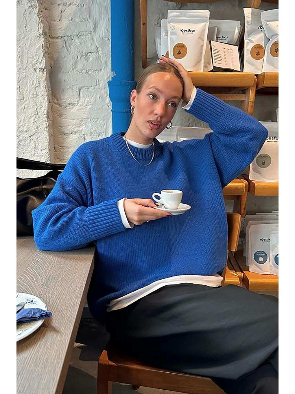 Mavi Saks Bisiklet Yaka Oversize Triko Kazak Mg1972-8