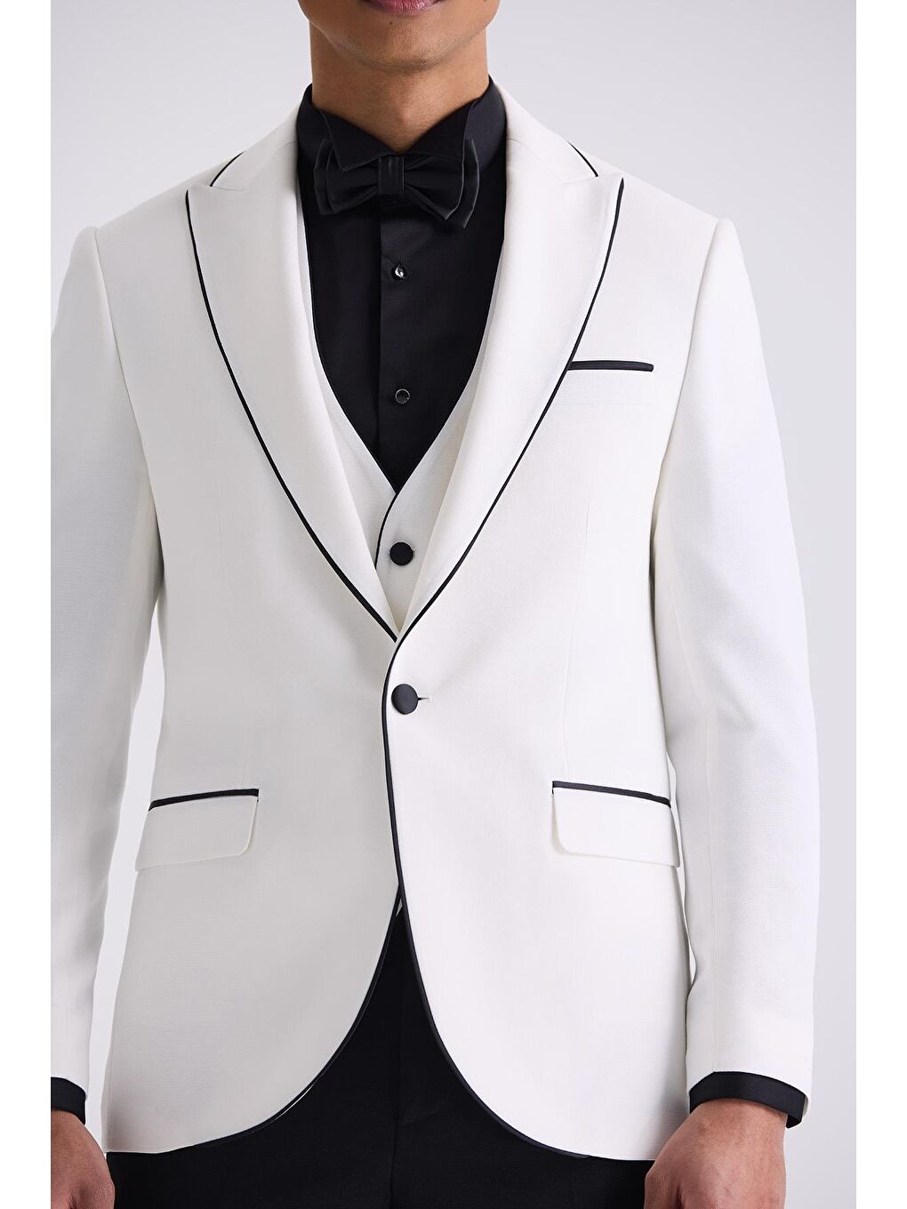 Beyaz Slim Fit Sivri Yaka Yelekli Smokin Takım Elbise-2