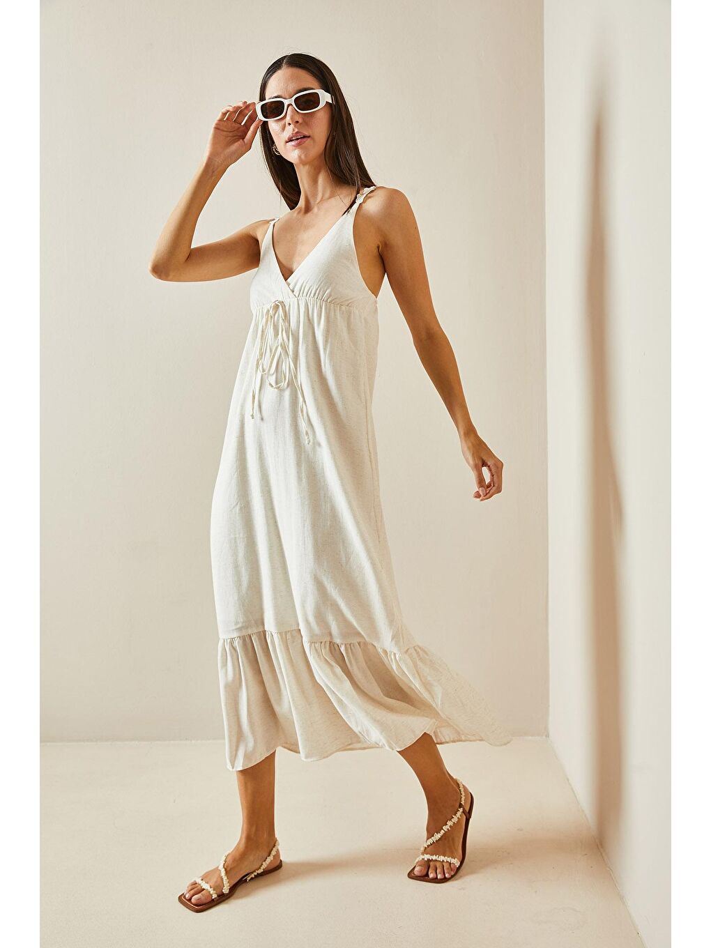 Bej Kruvaze Yaka Örgü İpli Maxi Elbise 5YXK6-48795-25-3