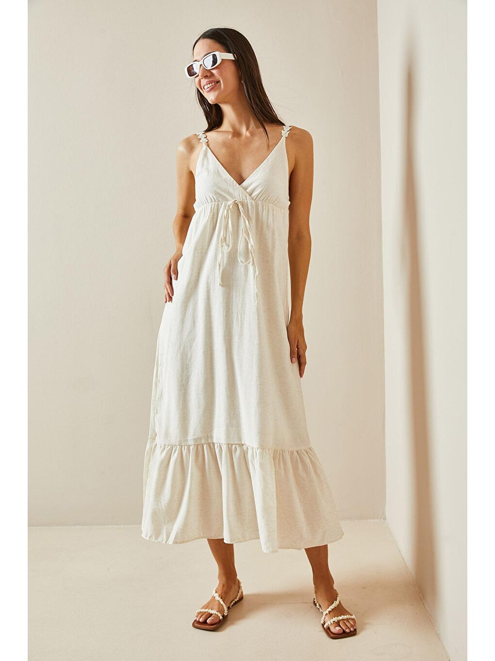 Bej Kruvaze Yaka Örgü İpli Maxi Elbise 5YXK6-48795-25-4