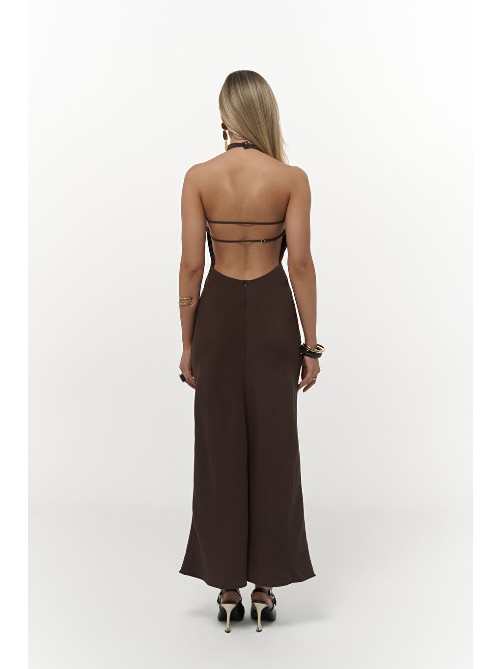 Kahverengi Loretta Sırt Dekolteli Kahve Uzun Elbise-4