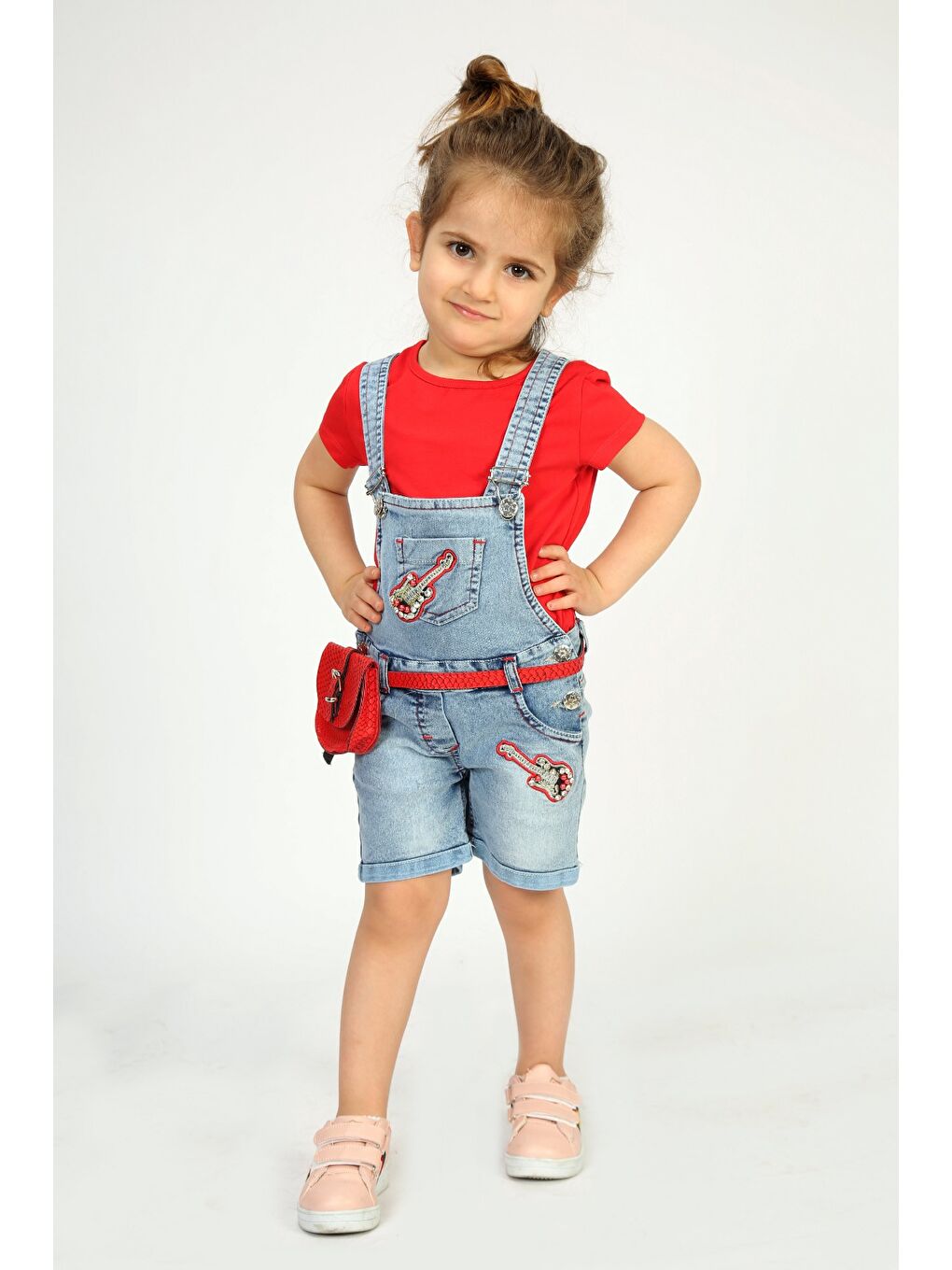 Toontoykids Kırmızı Kız Bebek Salopet Çantalı Gitar Nakışlı Jean