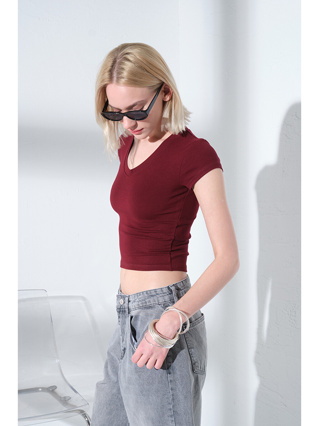 Bordo V Yaka Soft Touch Premium Ay Kol Örme Body Bluz @Alto-2