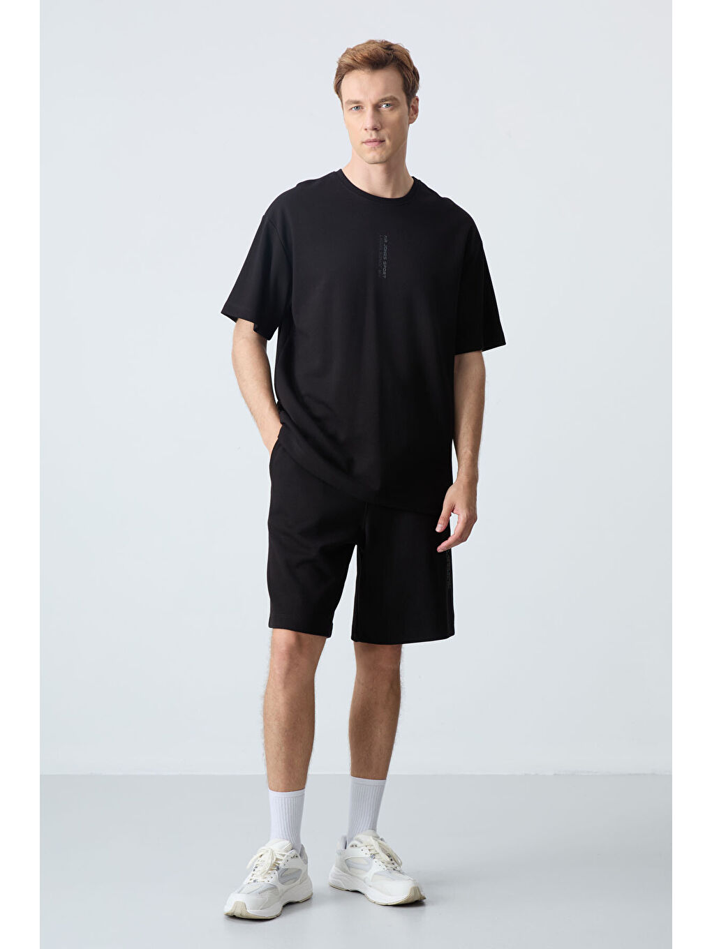 Siyah Pamuklu Kalın Yumuşak Dokulu Oversize Fit Basic Erkek Şort Takım - 85258