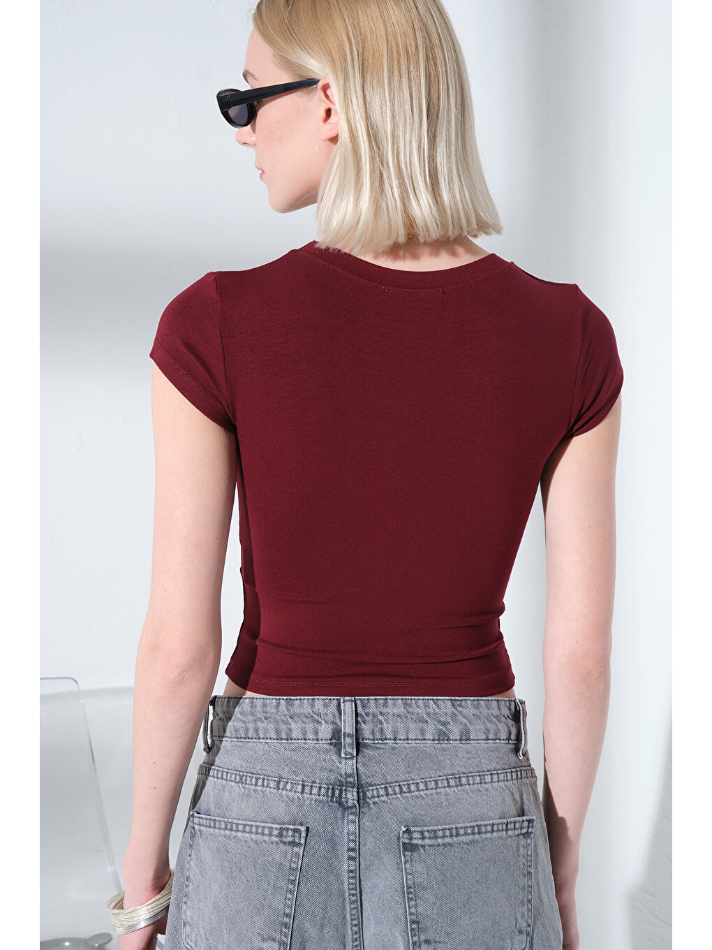 Bordo V Yaka Soft Touch Premium Ay Kol Örme Body Bluz @Alto-4