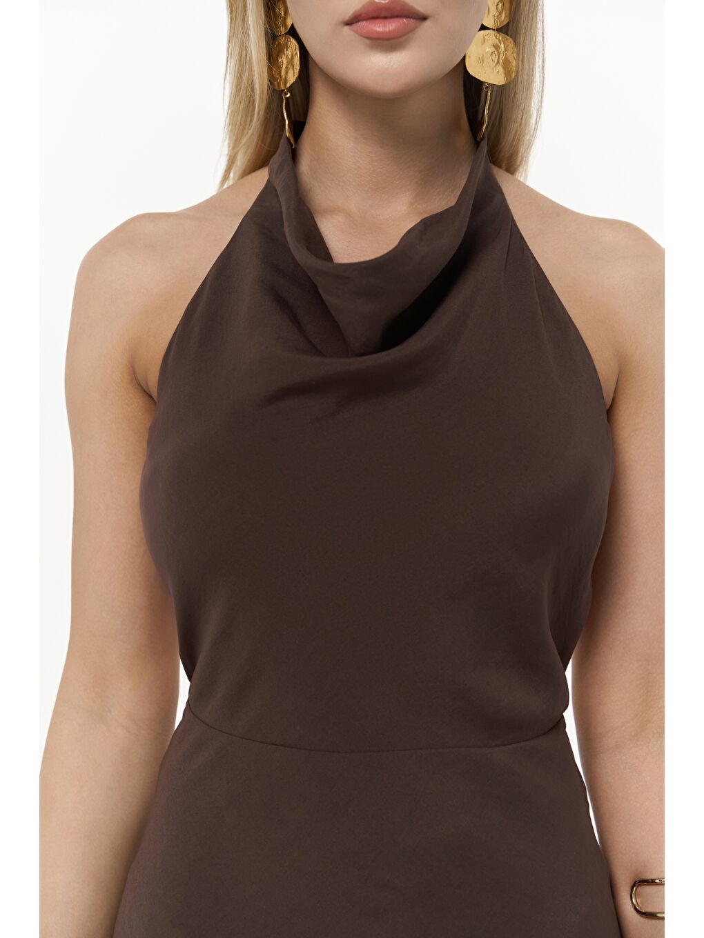 Kahverengi Loretta Sırt Dekolteli Kahve Uzun Elbise-6