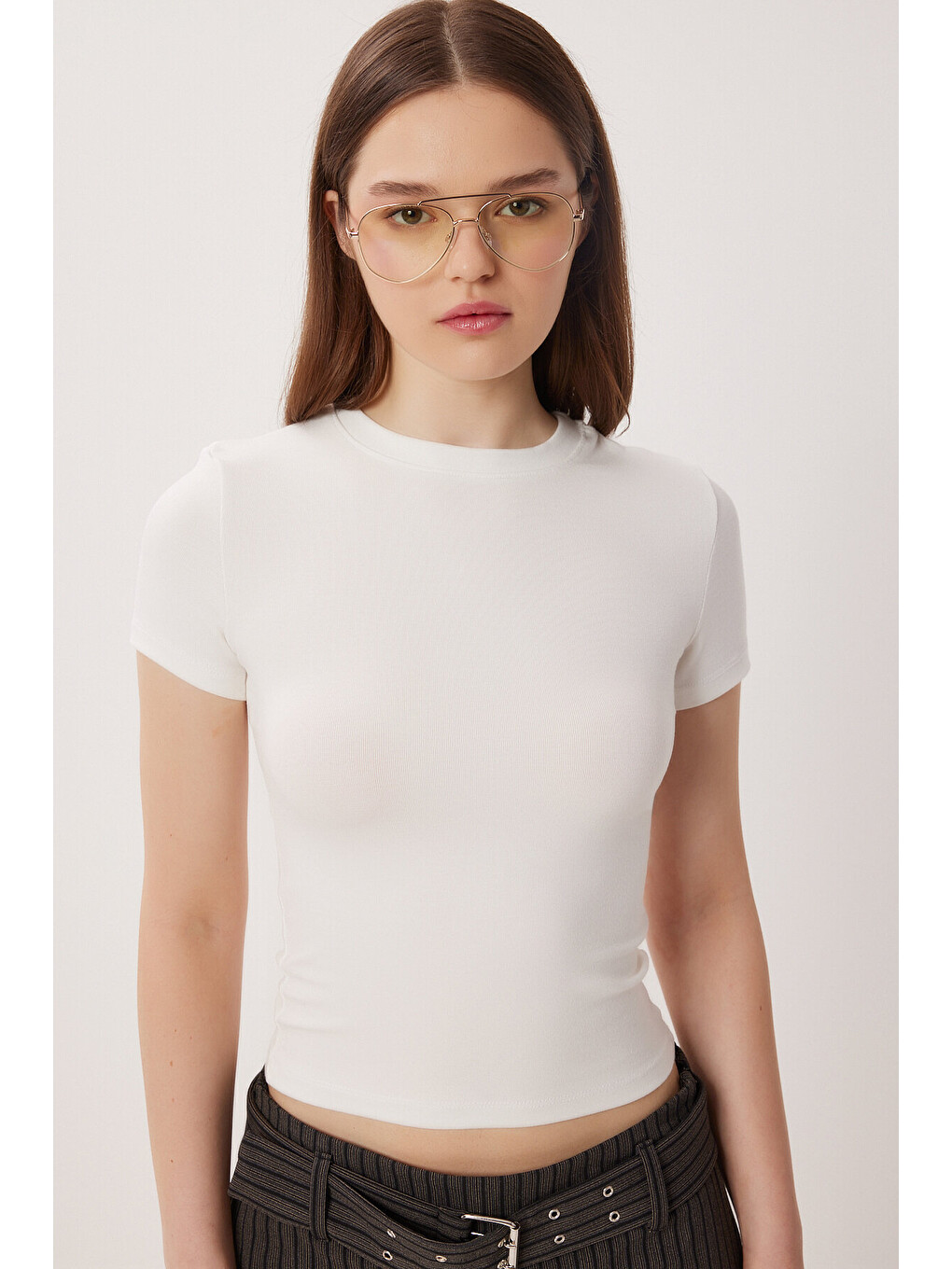 Beyaz Bisiklet Yaka Basic Örme T-shirt Kemik Ldz0067-1