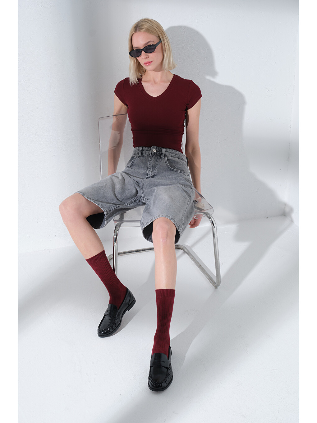 Bordo V Yaka Soft Touch Premium Ay Kol Örme Body Bluz @Alto-5