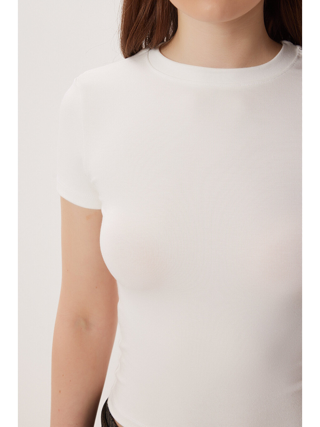 Beyaz Bisiklet Yaka Basic Örme T-shirt Kemik Ldz0067-2