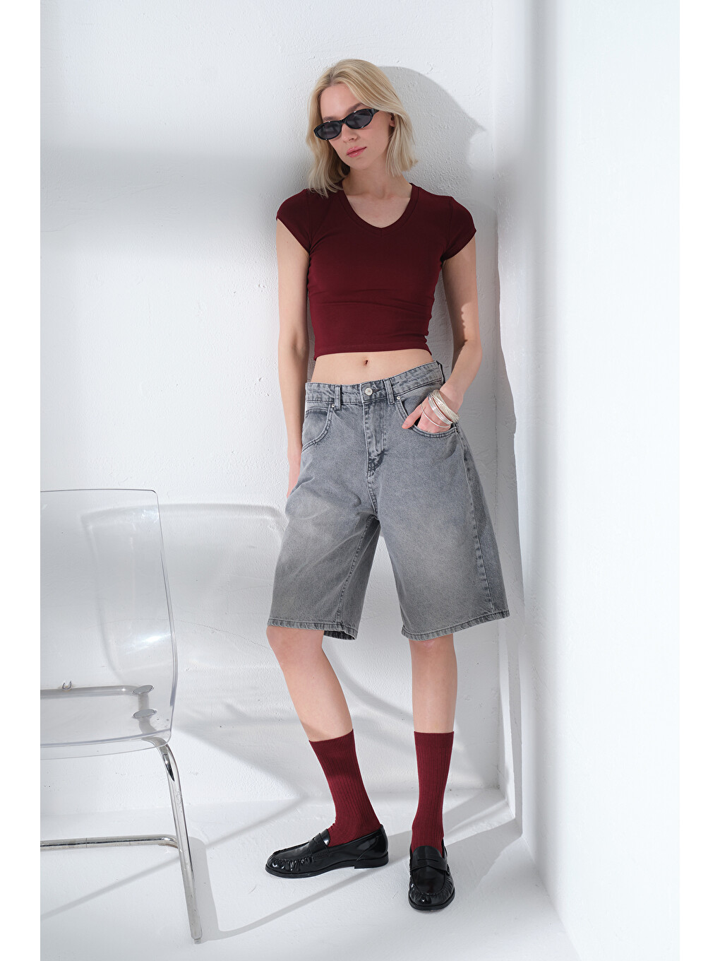 Bordo V Yaka Soft Touch Premium Ay Kol Örme Body Bluz @Alto-6