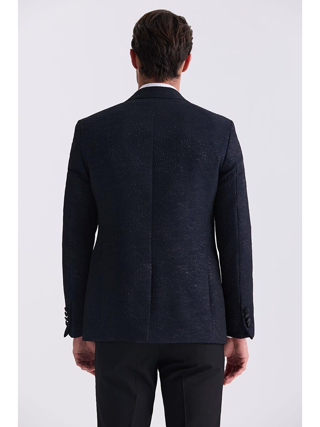 Koyu Lacivert Slim Fit Sivri Yaka Yelekli Smokin Takım Elbise-3