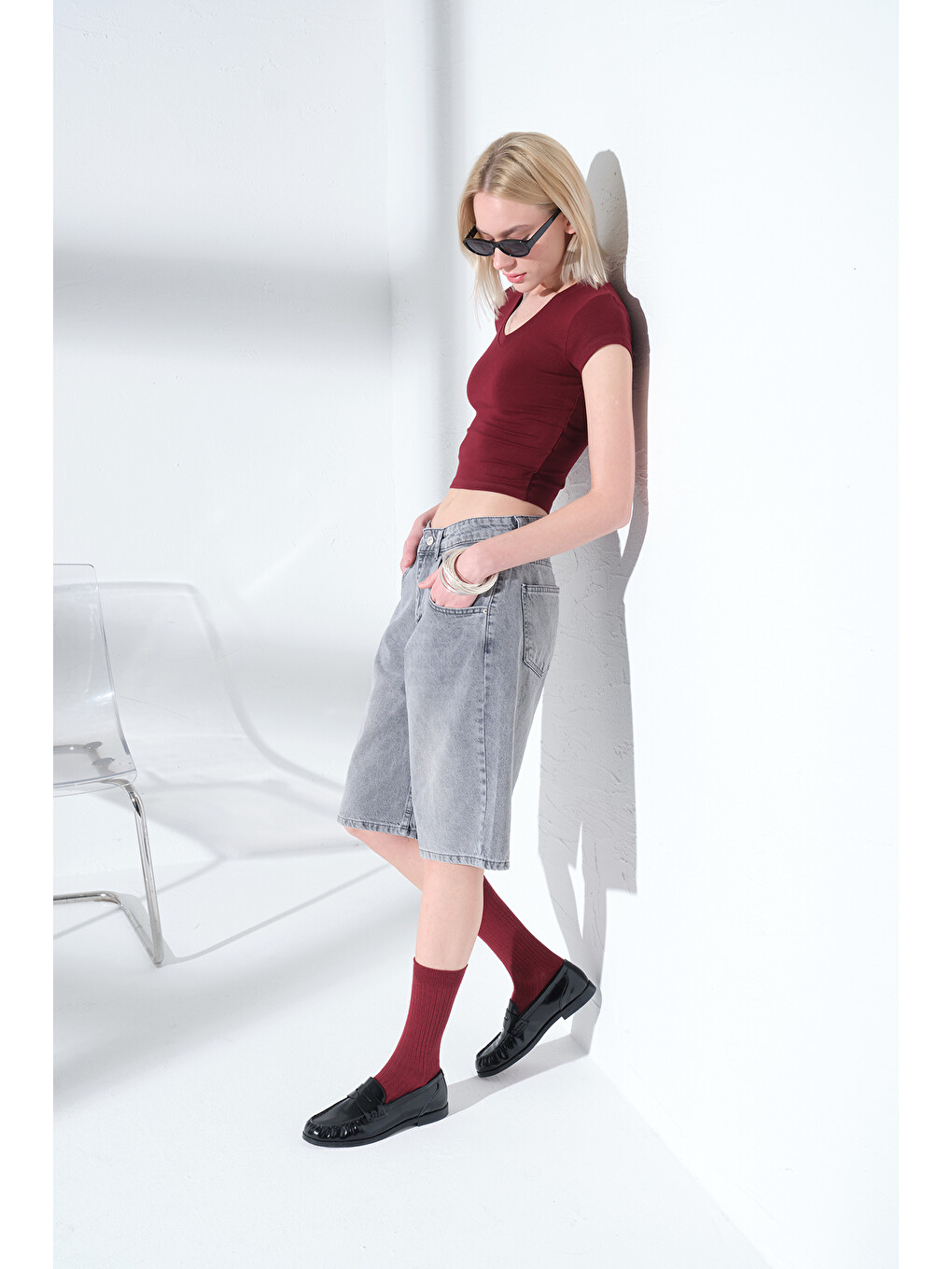 Bordo V Yaka Soft Touch Premium Ay Kol Örme Body Bluz @Alto-7