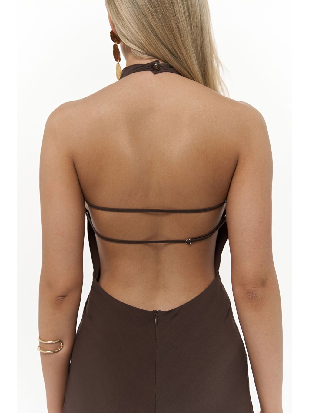 Kahverengi Loretta Sırt Dekolteli Kahve Uzun Elbise-7