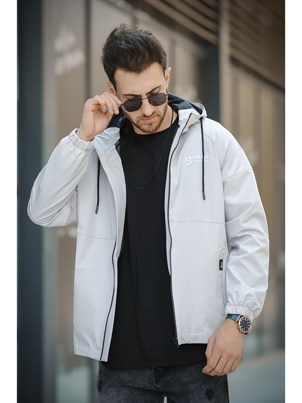 Oksit Gri Mmx Baskılı Suya Dayanaklı Slim Fit Erkek Kapüşonlu Mevsimlik Mont Yağmurluk
