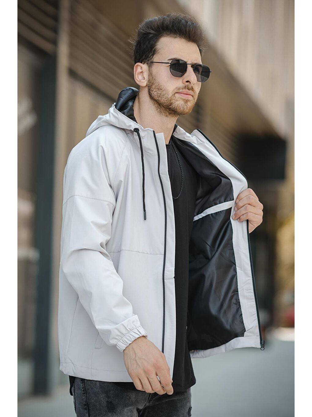 Oksit Gri Mmx Baskılı Suya Dayanaklı Slim Fit Erkek Kapüşonlu Mevsimlik Mont Yağmurluk - 1