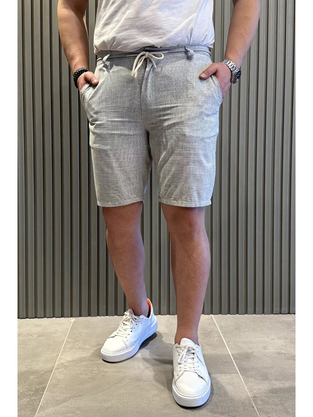 Yeşil Bel Bağcıklı Keten Erkek Şort