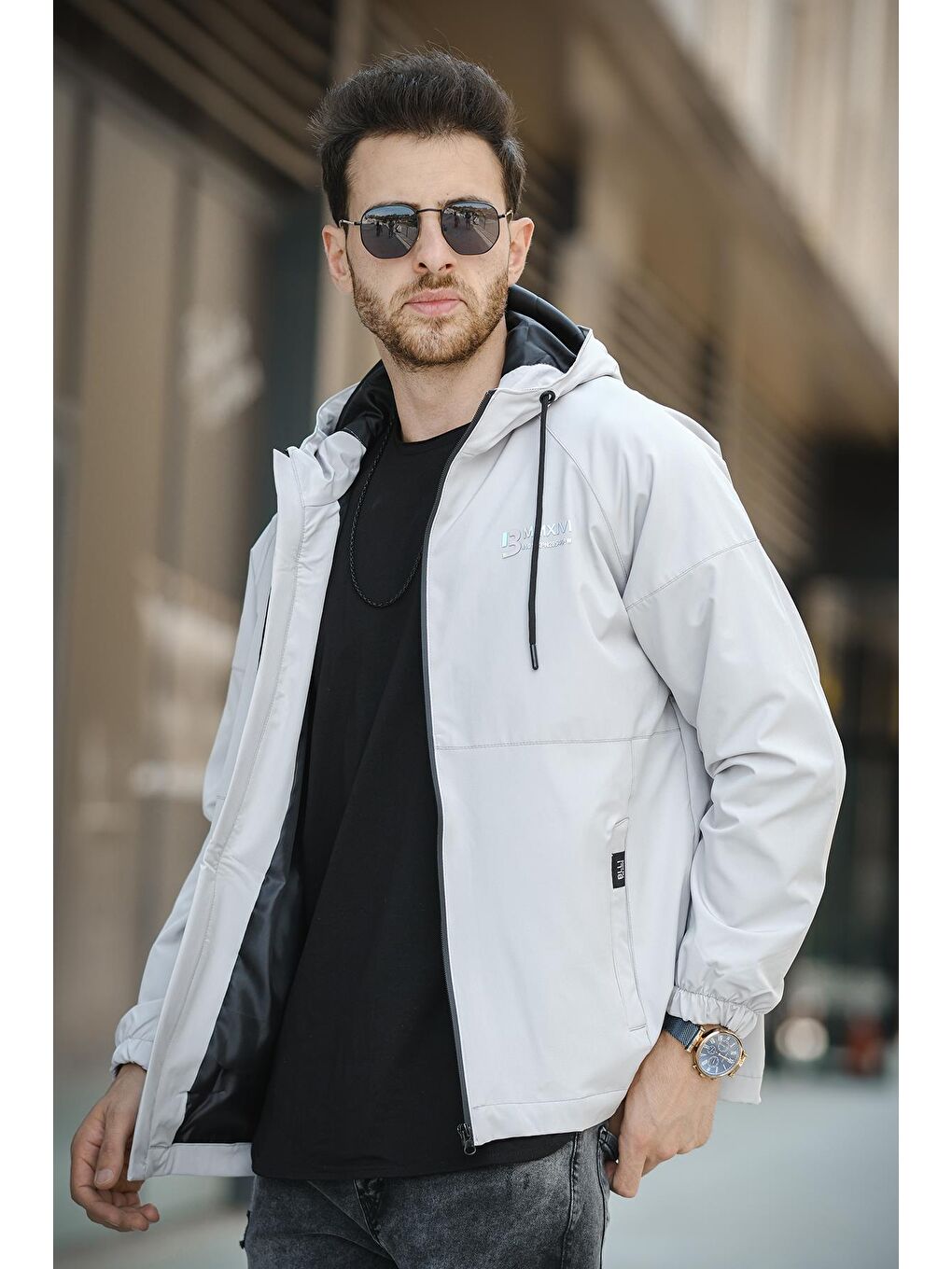 Oksit Gri Mmx Baskılı Suya Dayanaklı Slim Fit Erkek Kapüşonlu Mevsimlik Mont Yağmurluk - 2